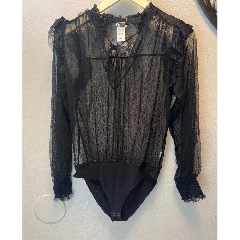 Black Long Sleeve Surplice Bodysuit Sheer Metallic Mesh Smocked Cuff Small